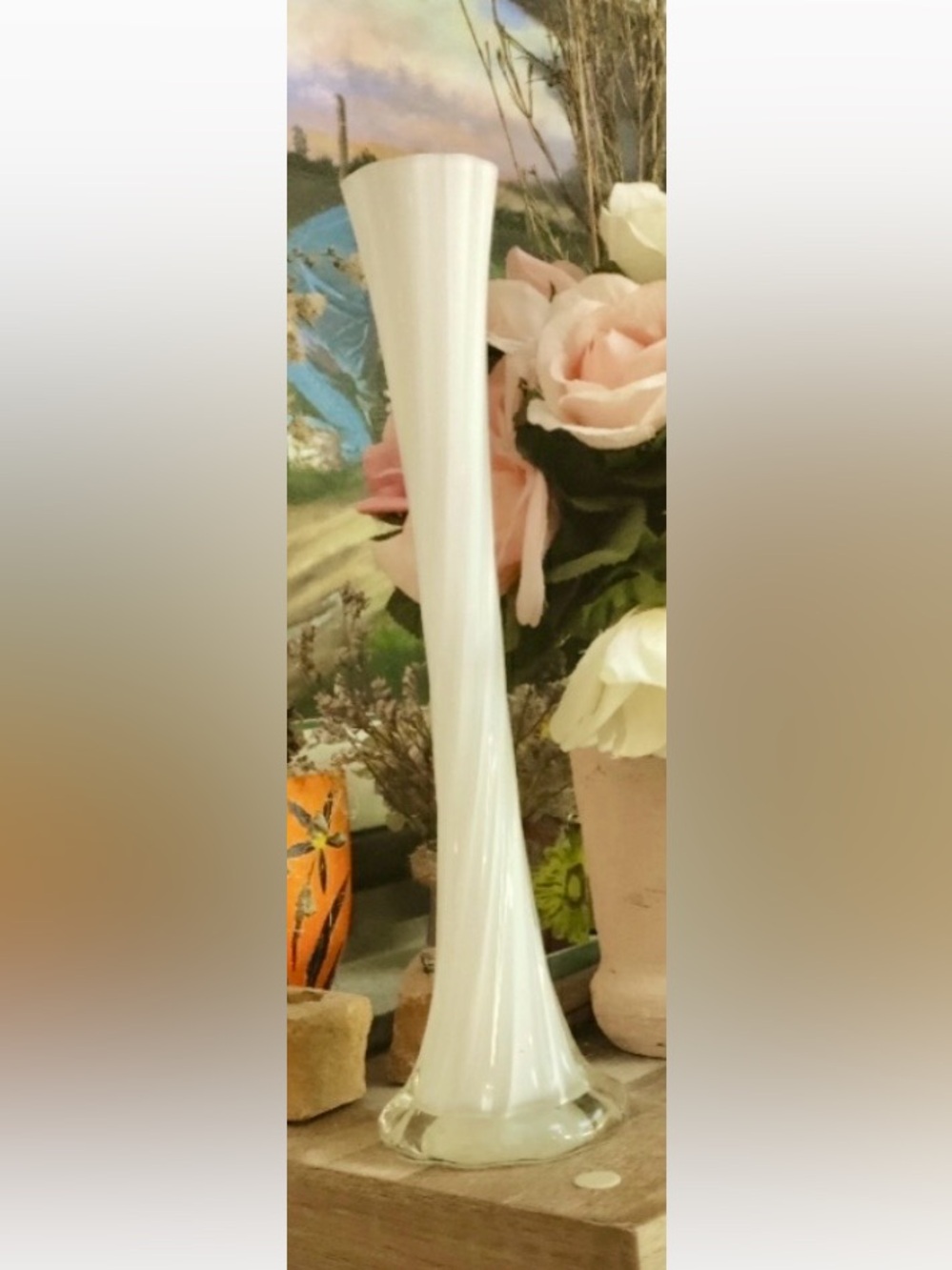 Vintage Tall Art Glass/Eiffel Tower 12" White/Frosted Trumpeted Table Vase